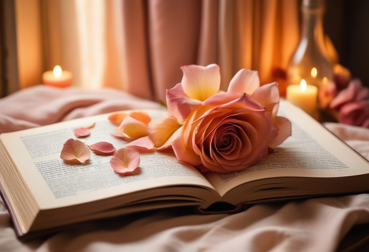 A close-up of an open book with beautifully illustrated pages, depicting intertwining silhouettes of couples in passionate moments, surrounded by soft, ethereal light. In the background, a cozy, warm-toned room with plush fabrics and delicate decor to evoke a sense of intimacy. Hint of rose petals scattered artistically. painting. warm colors. soft focus.