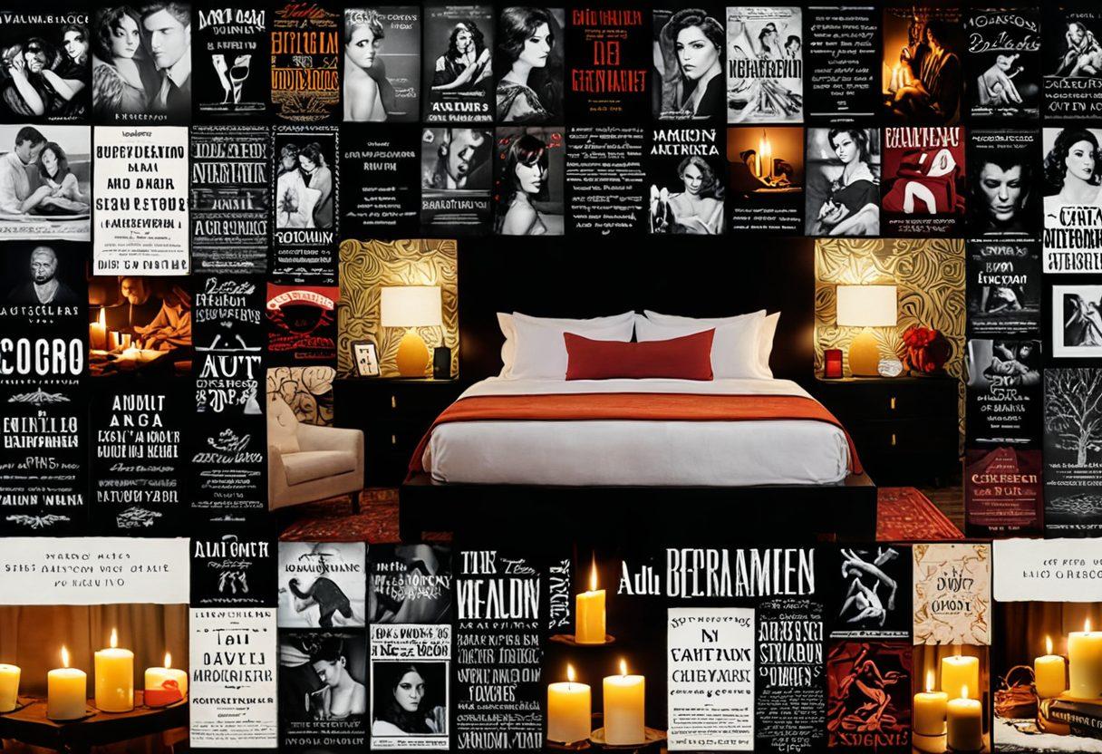 A captivating collage illustrating the evolution of adult entertainment: on one side, classic explicit imagery transitioning into soft, sensual storytelling elements like a cozy bedroom with candles and books. Include a timeline showing key moments in adult entertainment history, with vibrant colors and a warm, inviting atmosphere. Blend modern and vintage styles creatively. super-realistic. vibrant colors. warm background.